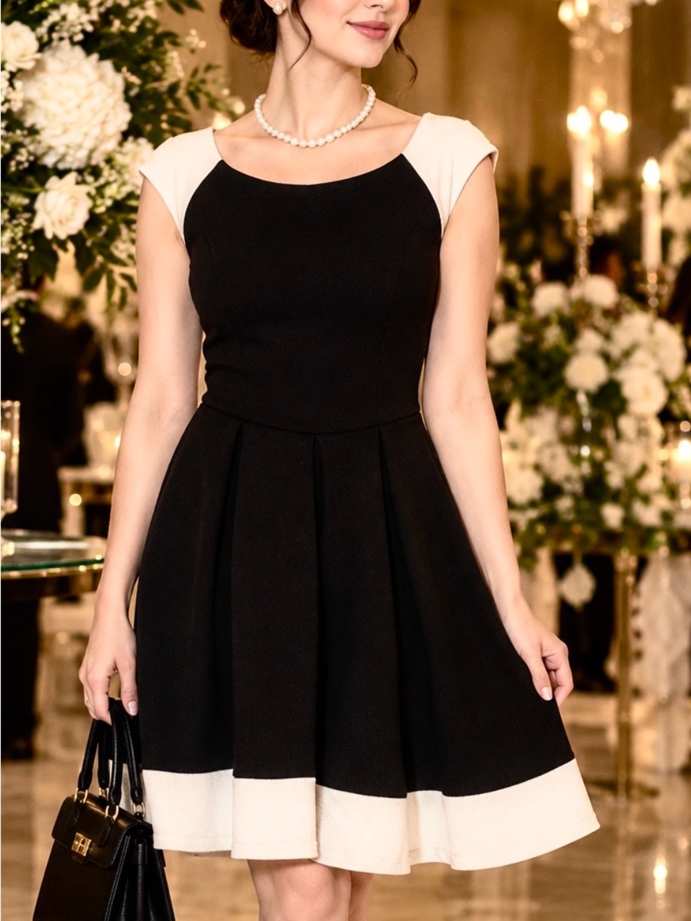 London Times Black and Cream Fit-and-Flare Cap-Sleeve Dress